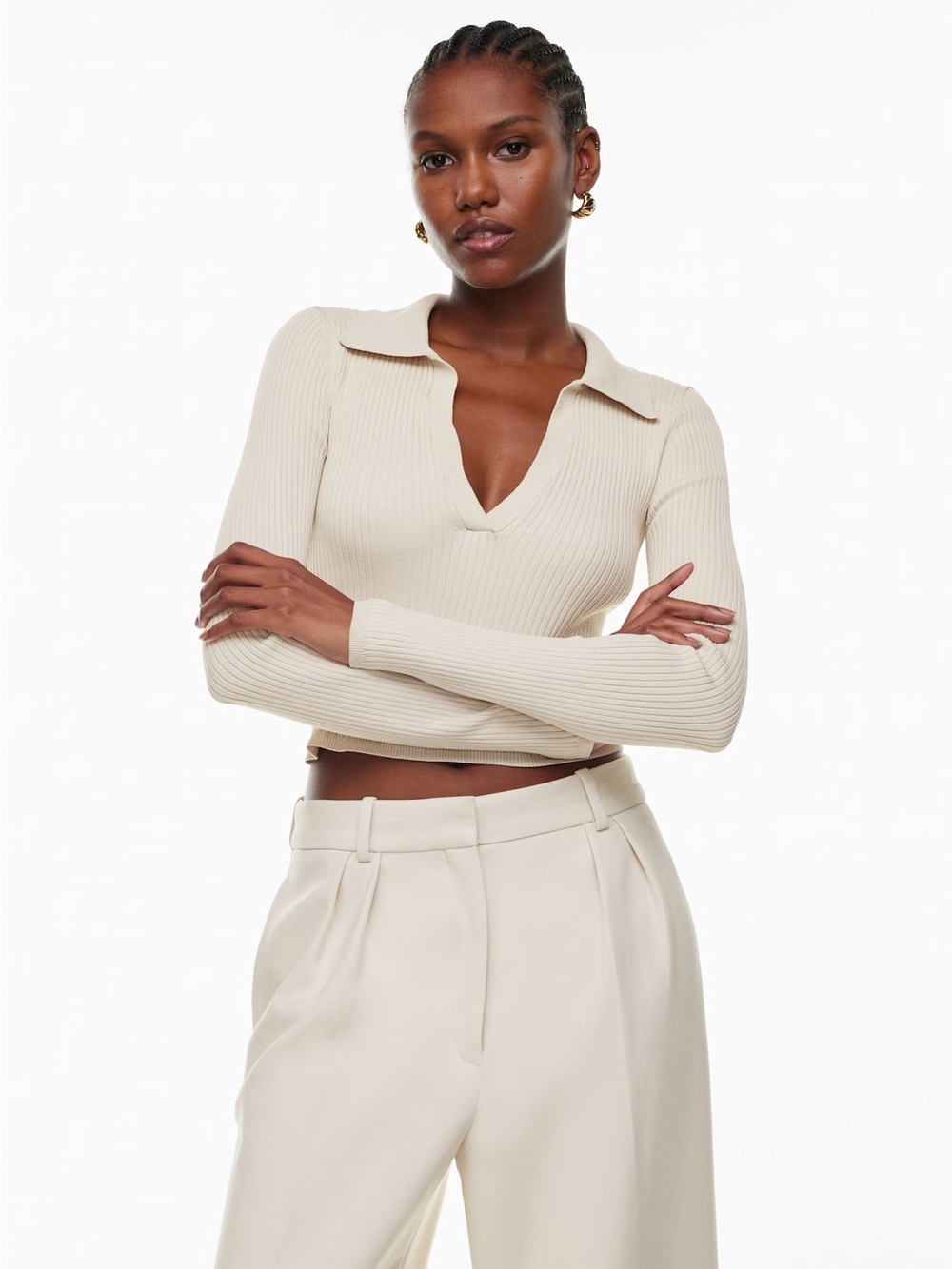 Aritzia Babaton Sculpt knit Long-Sleeve Polo Crop Top